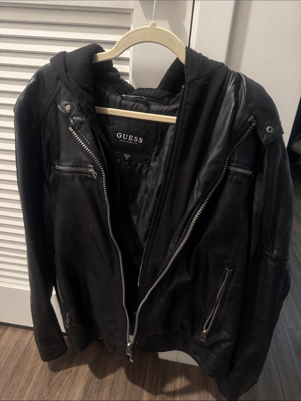 GUESS Black Leather Hooded Bomber Jacket